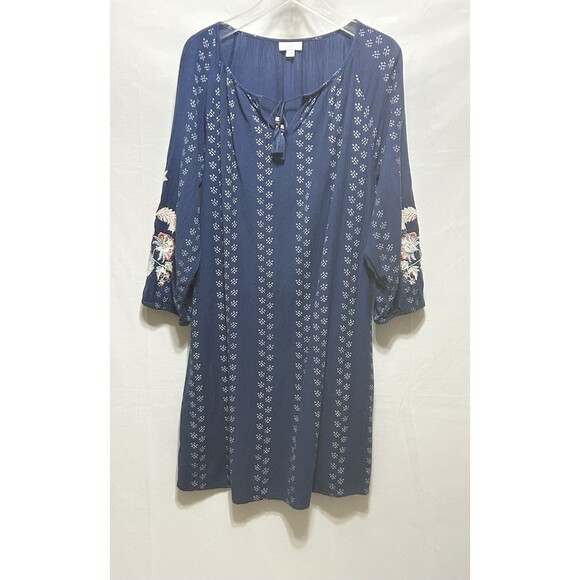 J. Jill Women's Large Floral Embroidered Peasant Blue Batik Print Dress - Picture 1 of 13